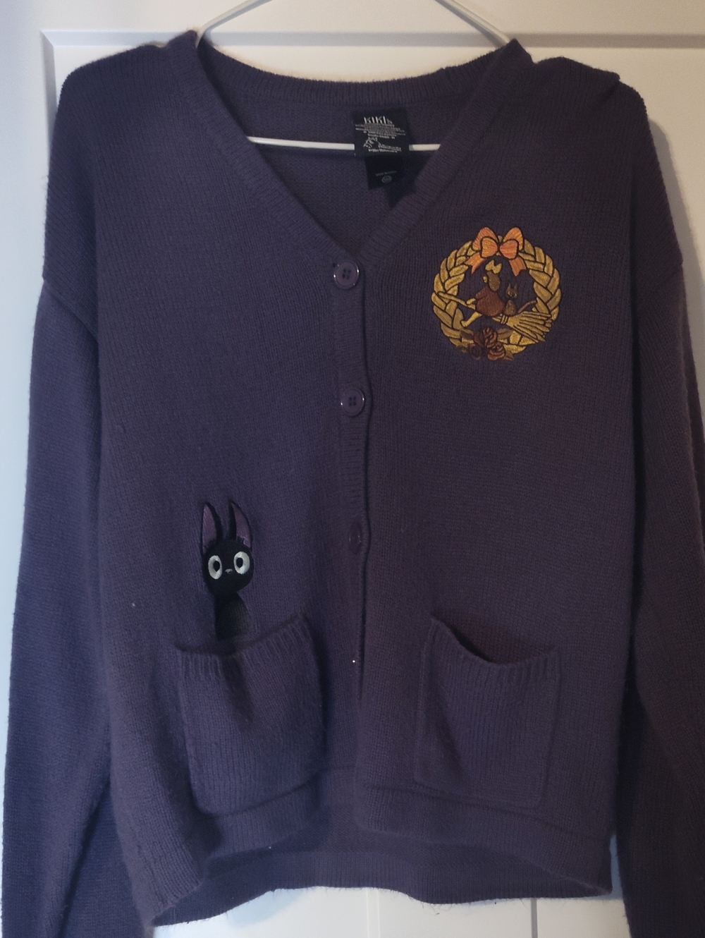 Purple Cardigan with Embroidered Cat and Wreath Patches